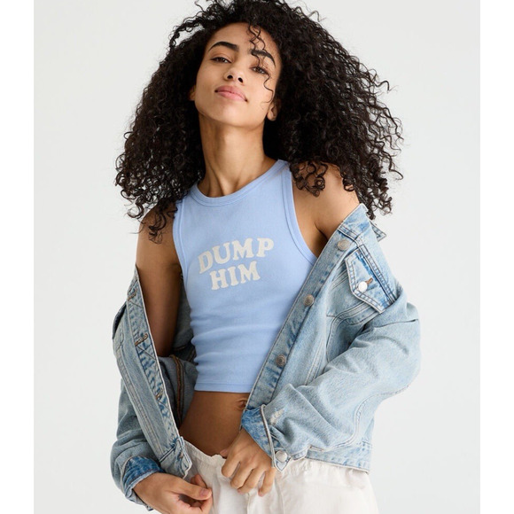 DUMP HIM Ribbed Tank Top Size Small Blue Crop Aeropostale Summer I Turned Pretty - Picture 1 of 9